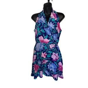 90s Summer Floral Print Dress with Deep V and High Neck